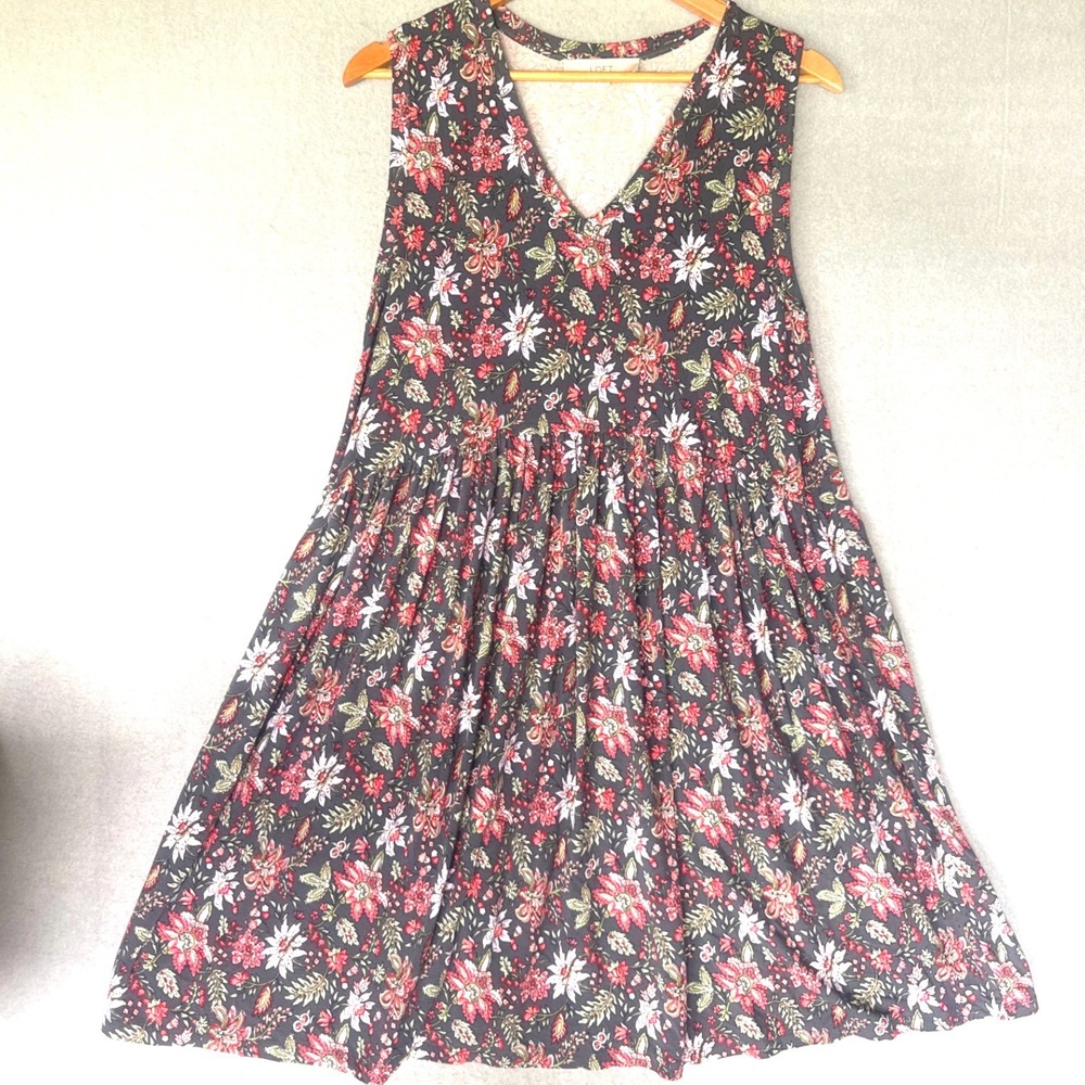 LOFT Womens Medium Floral V-Neck Drop Waist Sleeveless Knit Summer Dress
